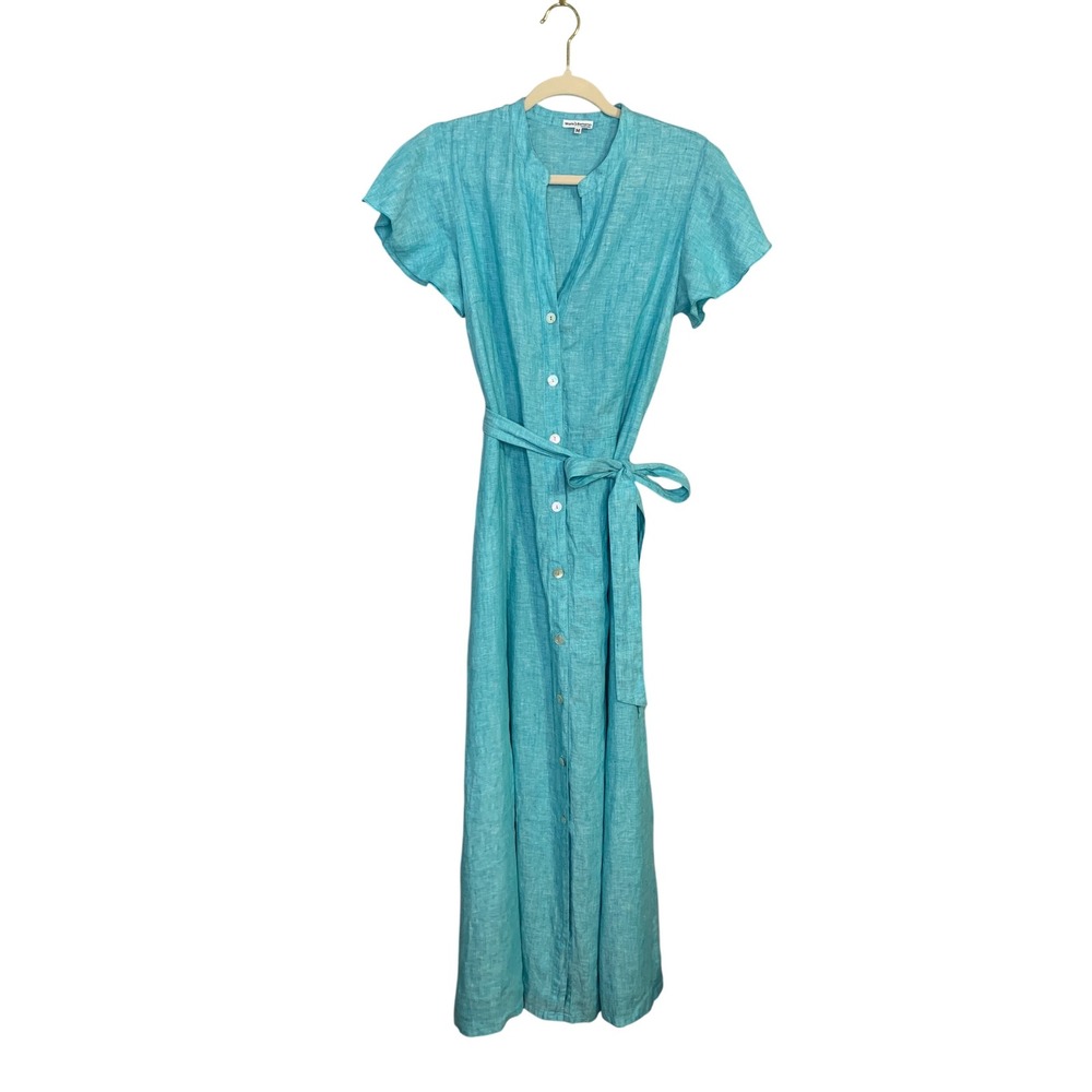 Mario Romano Italy Linen Maxi Dress Button Down Belted Turquoise‎ Blue M